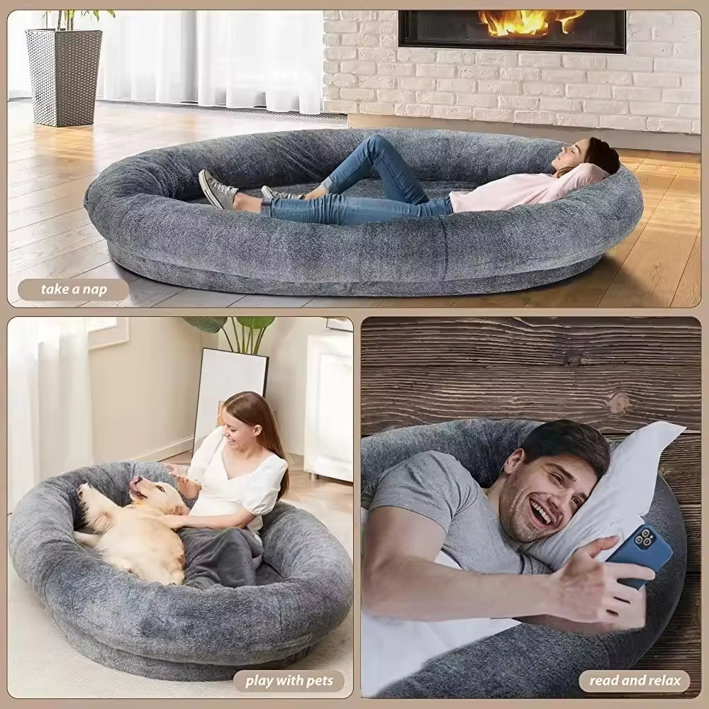 Adult Luxury Human Dog Bed Human Dog Bed with Human and Pet Dog Size Blankets, Washable Covers