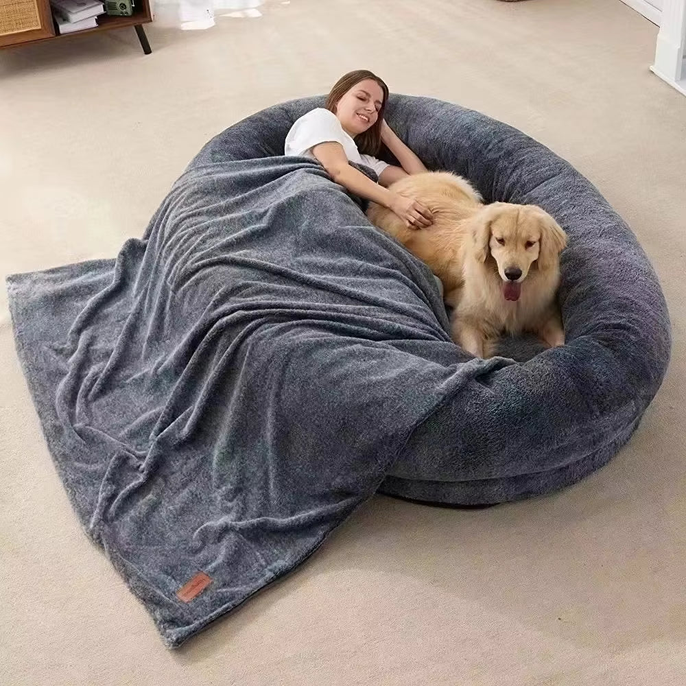 Adult Luxury Human Dog Bed Human Dog Bed with Human and Pet Dog Size Blankets, Washable Covers